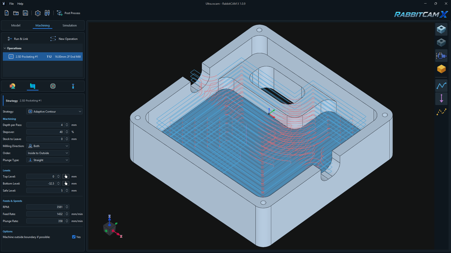 RabbitCAM X 2.5D Pocketing with Adaptive Contour toolpaths, a 16 mm end mill, 4 mm Depth per Pass, 40% Stepover, and Machine outside boundary if possible enabled.